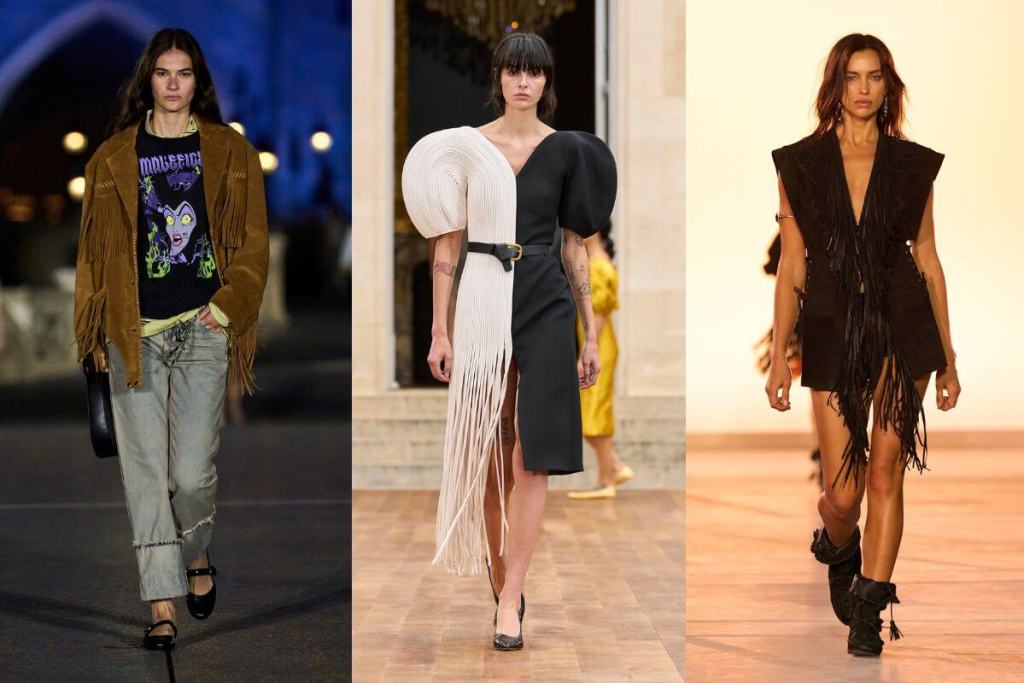 Prendas con flecos en desfiles primavera-verano 2025: Isabel Marant, Gabriela Hearts e Isabel Marant - Launchmetrics Spotlight