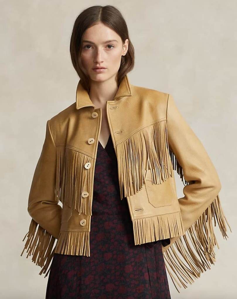 Chaqueta de cuero con ribete de flecos en los canesús delantero y trasero, los brazos traseros y el dobladillo de Ralph Lauren
