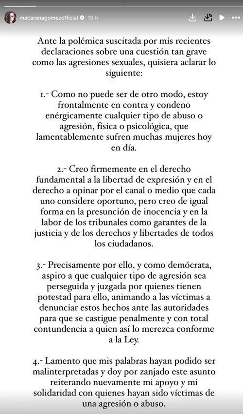 Captura de pantalla de la última historia de Macarena Gómez, publicada en Instagram- @macarenagomezofficial