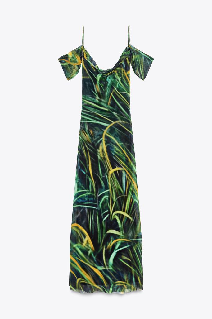 Vestido con tirantes finos y estampado tropical de Zara