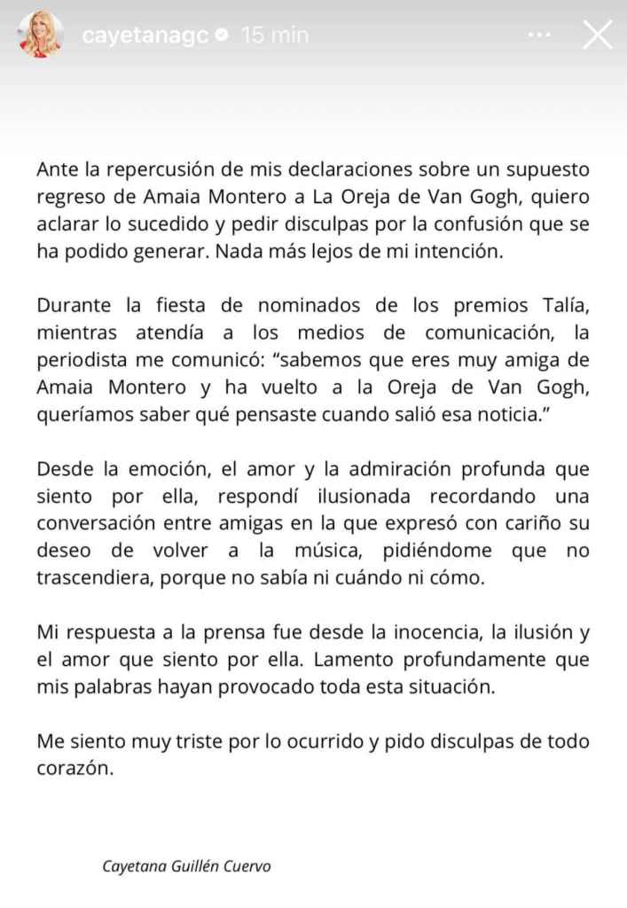 El comunicado que Cayetana Guillén Cuervo subió a sus redes sociales para intentar explicar sus declaraciones