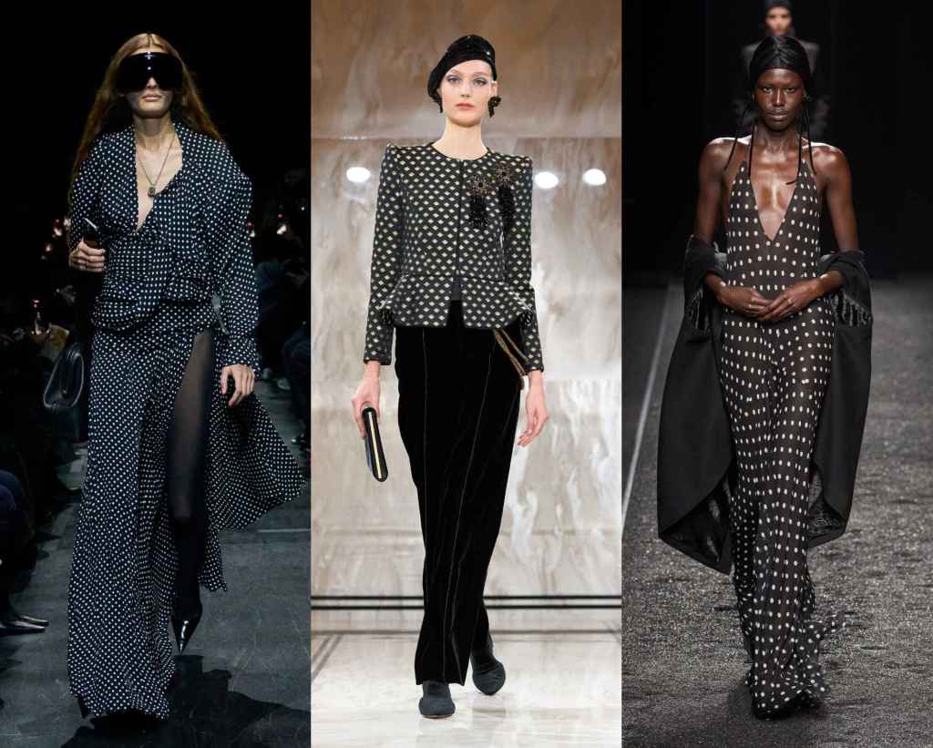 Prendas con estampados de lunares en los desfiles de Balenciaga, Giorgio Armani Privé y Nina Ricci (de izquierda a derecha)