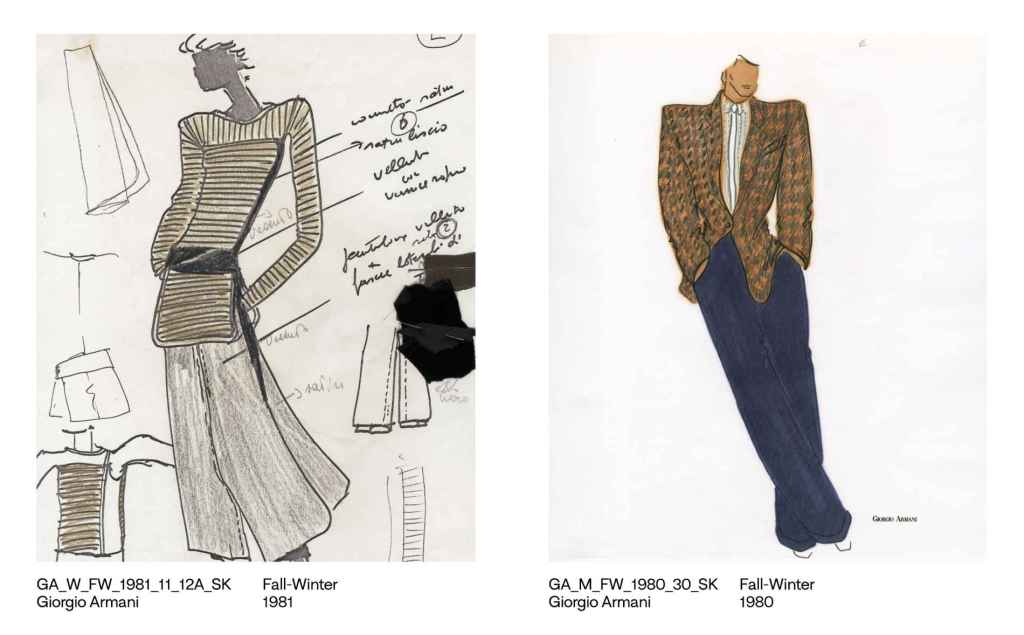Bocetos de los looks de archivo de la colección de Giorgio Armani en 1980-1981